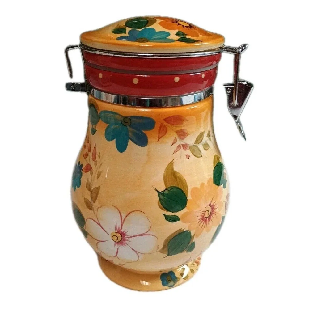 VTG Oneida Sunset Bouquet Hand Painted Ceramic Canister Airtight Hinged Lid 8